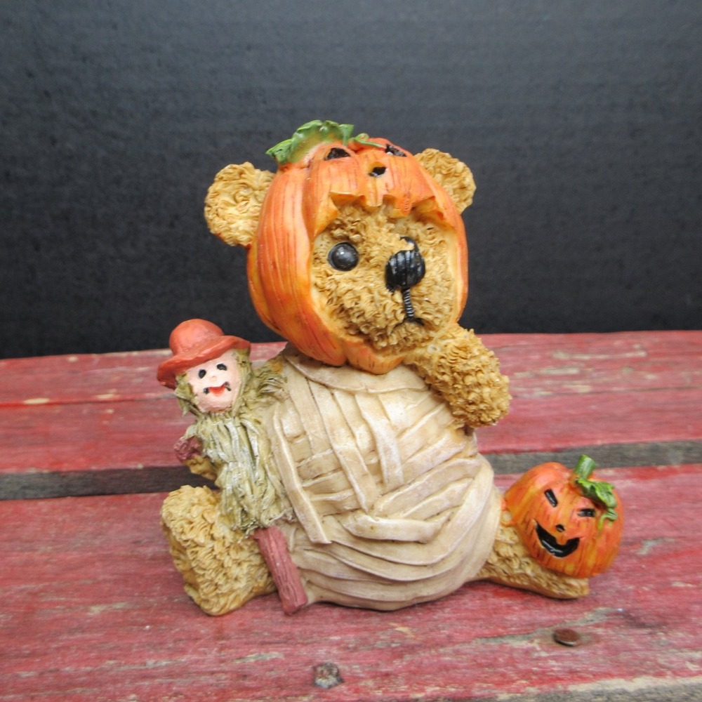 Halloween Teddy Bear Pumpkin Mummy Scarecrow Figurine Pat 2000 Fall Decor Resin